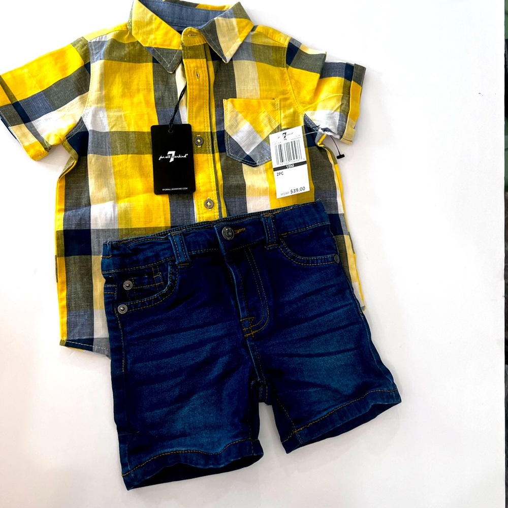 Yellow Plaid Kids Shirt & Jean shorts set by 7 For mankind new with tags